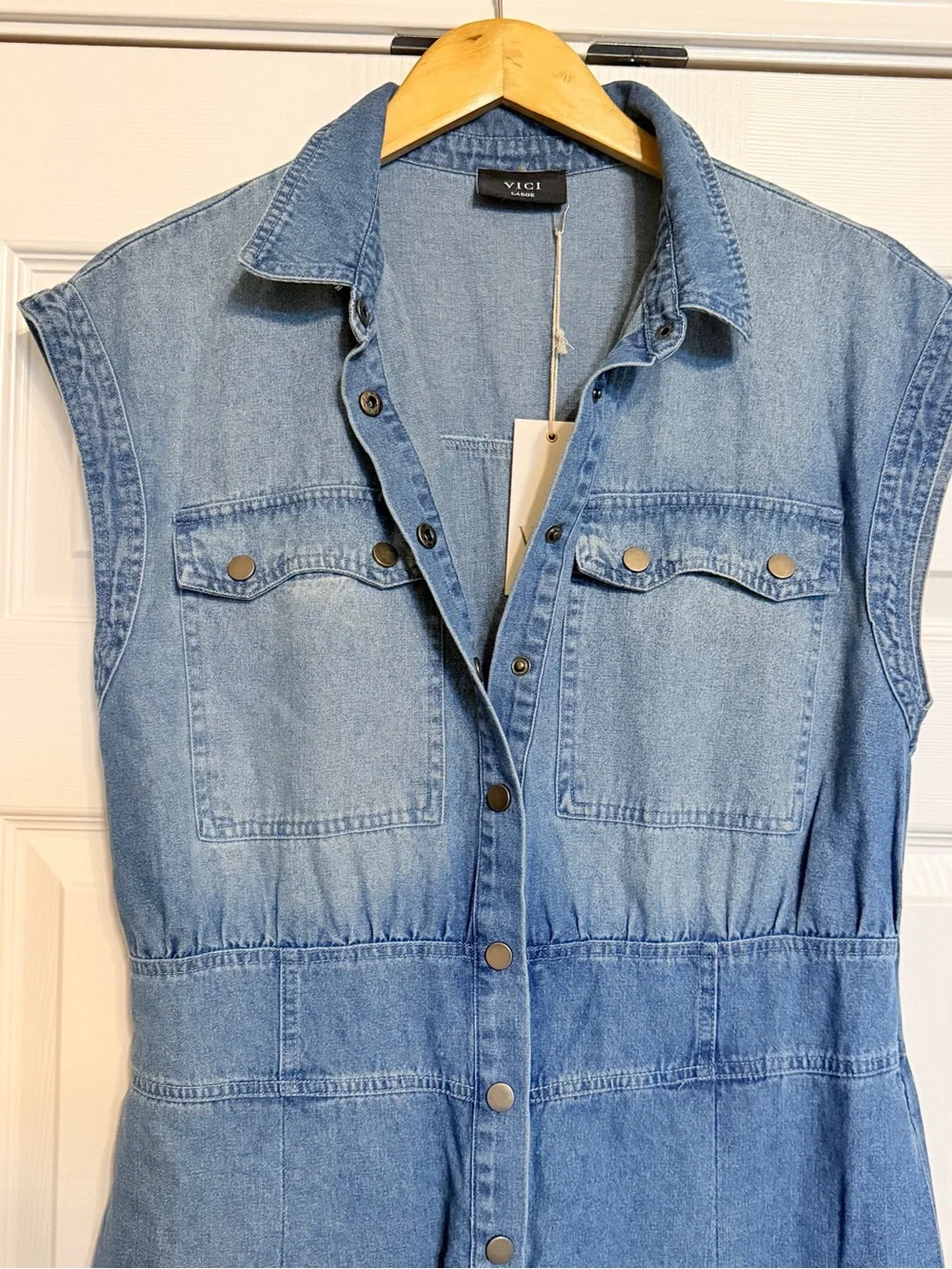 Sleeveless Denim Jumpsuit in Medium Blue